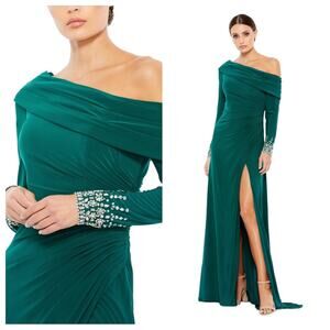 NWT MAC DUGGAL 12231 Emerald Beaded Cuff Drop Shoulder Faux Wrap Gown Women’s